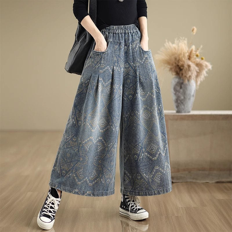 GENİŞ PAÇA DESENLİ KOT PANTOLON