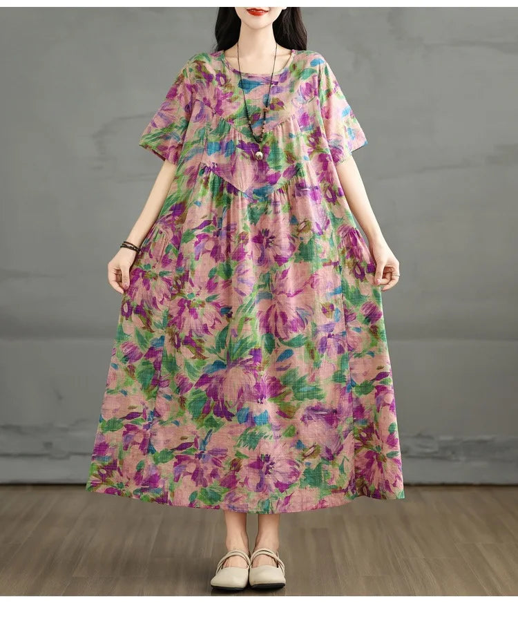 YAZLIK RENKLI PAMUK KETEN ELBİSE