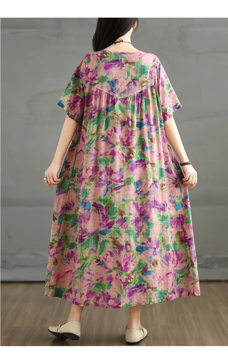 YAZLIK RENKLI PAMUK KETEN ELBİSE