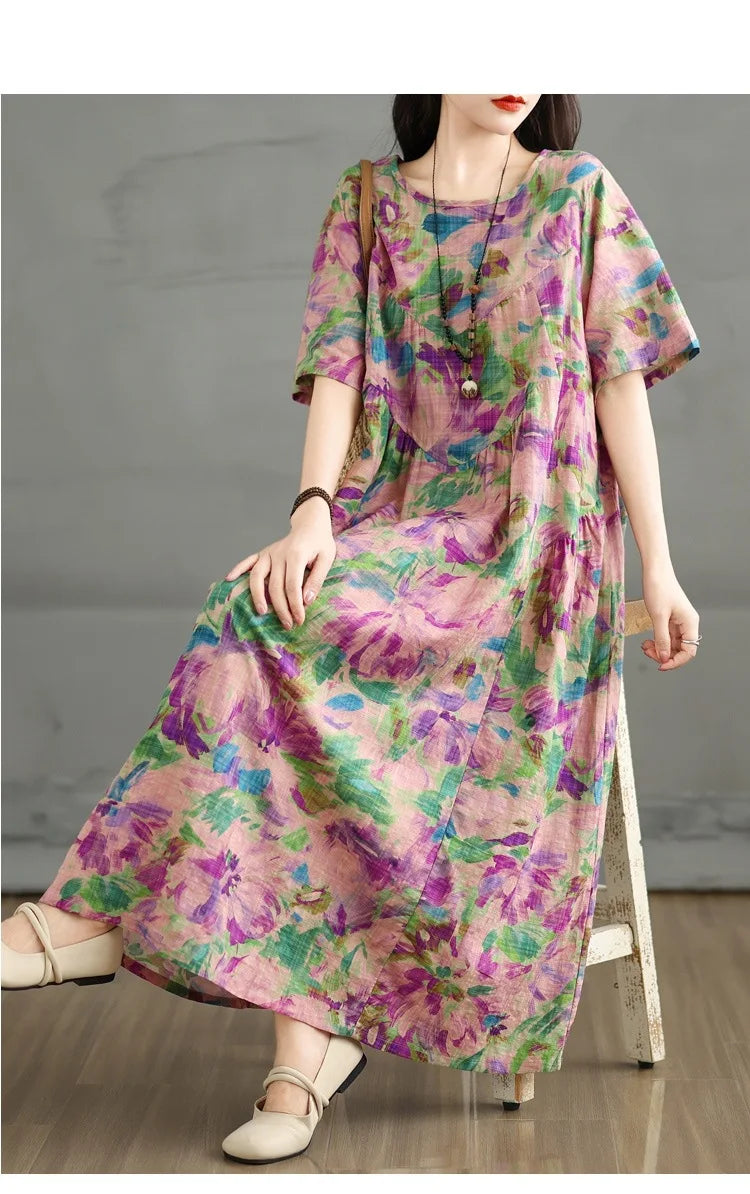 YAZLIK RENKLI PAMUK KETEN ELBİSE