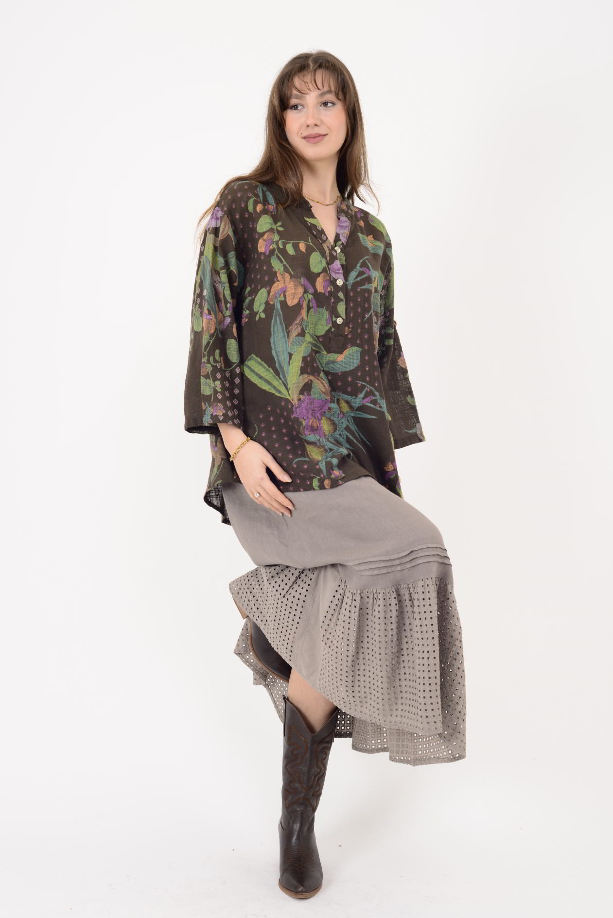 Sharenn Floral İllüstrasyonlu Pamuk Gömlek